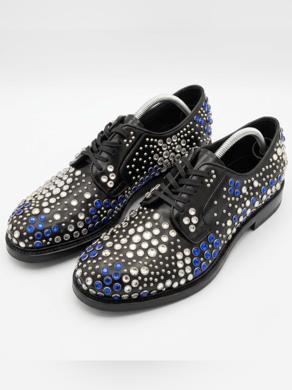 Prada Crystal Stud Embellished Derby Shoes Black Leather US 10.5